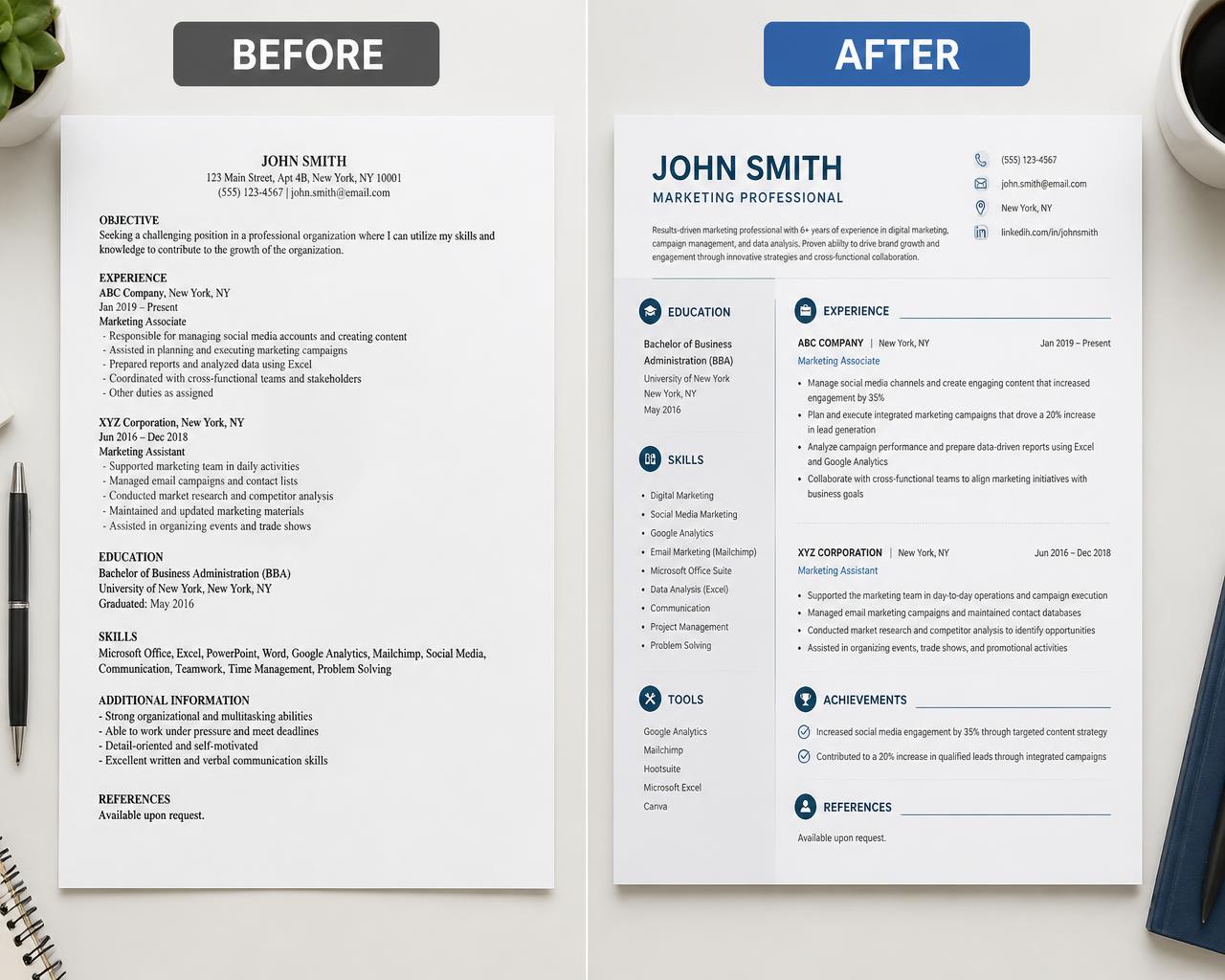 Before and after comparison of a resume transformation