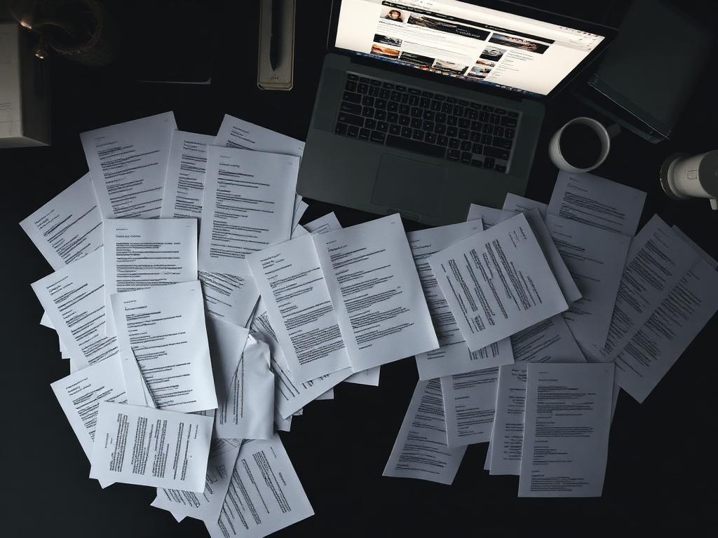 Dozens of printed resumes scattered around a laptop with open job listings